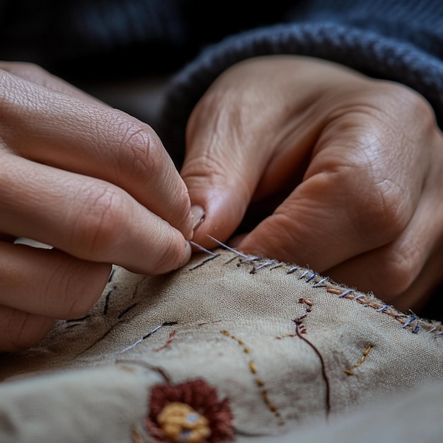 Ręka haftująca igłą tkaninę